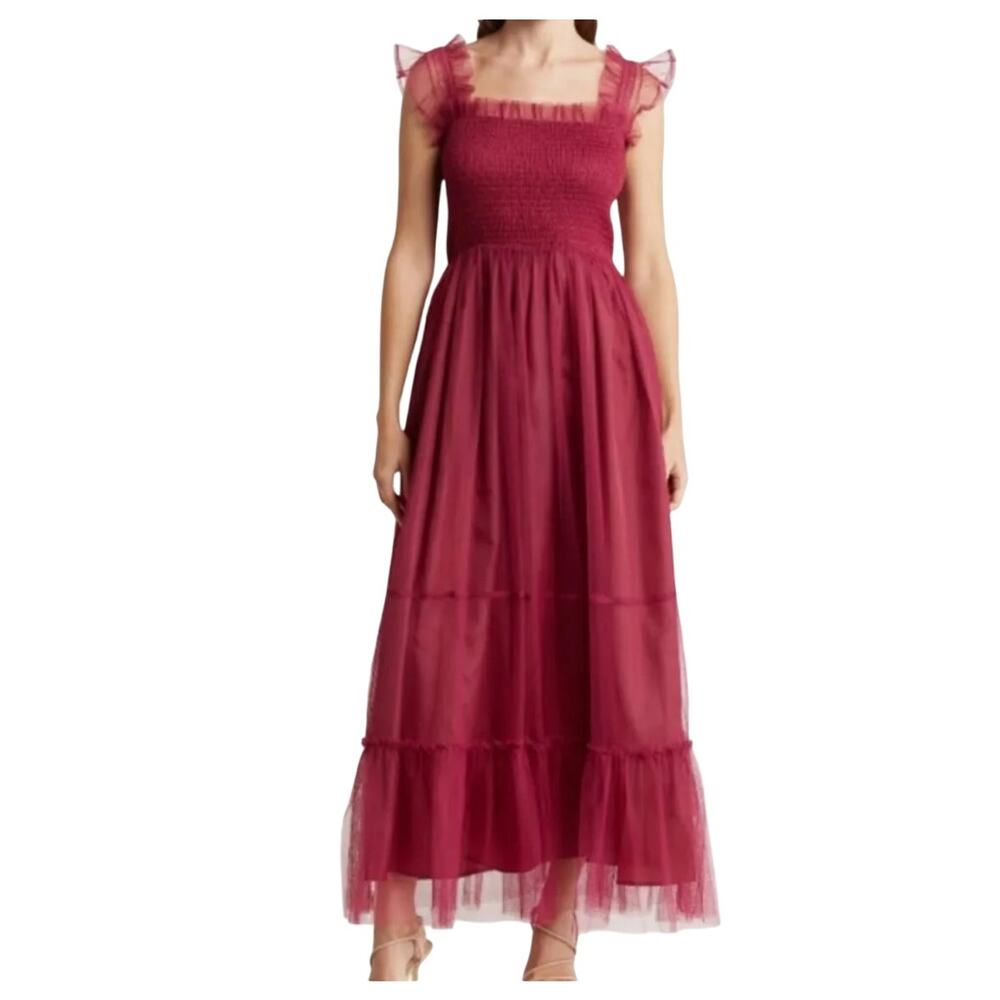 Melloday Maxi Dress-Smocked Bodice-Tiered Sleeveless Chiffon Magenta-Size s NWOT